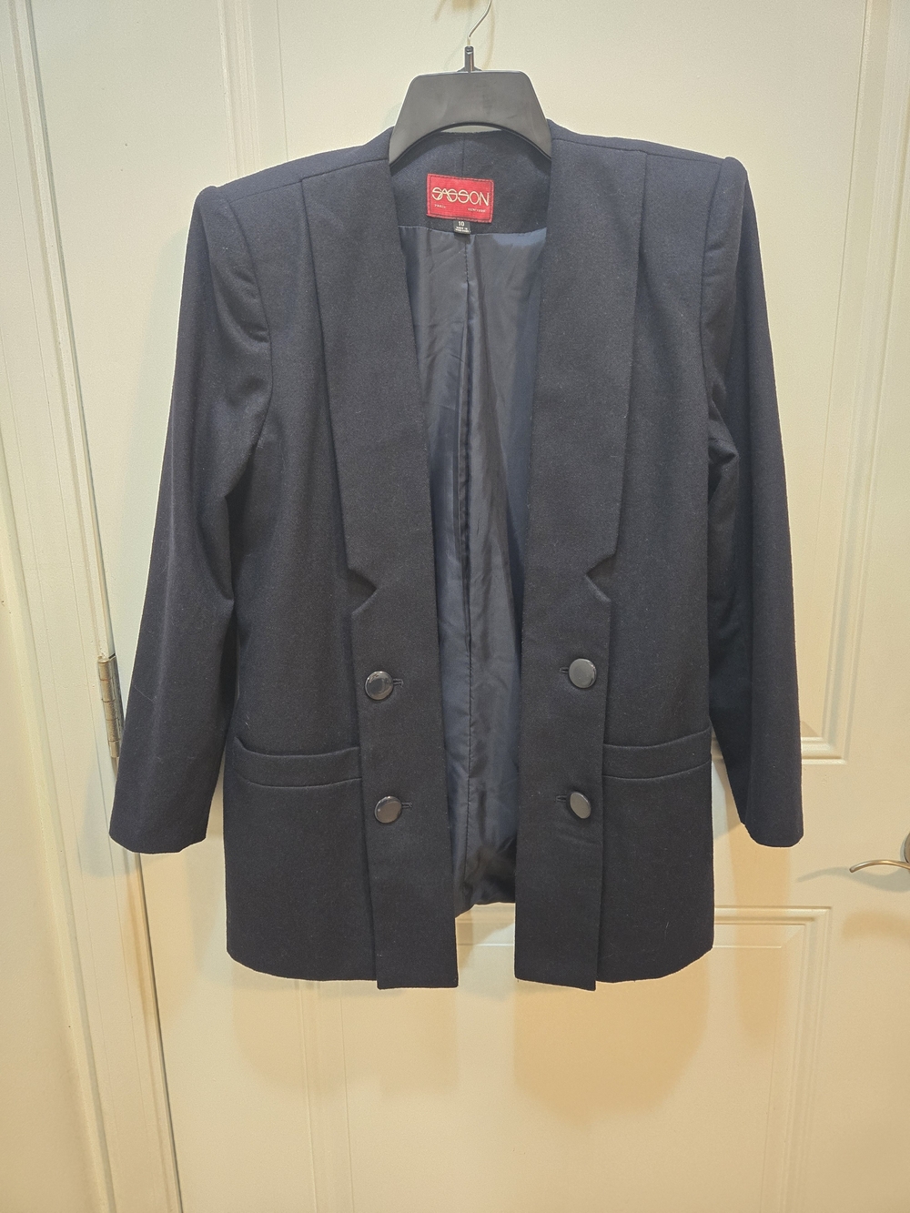 Sasson Women's Navy Long Blazer Wool Blend Lined Button Closure Size 10